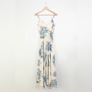 Lulu’s Size L - Elegantly Inclined Cream and Blue Floral Print Wrap Maxi…
